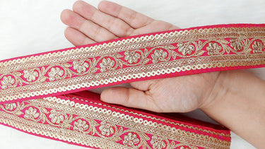 Art Silk Trim Gold Floral Embroidered Sequins Trim, Decorative Trim, Indian Sari Border